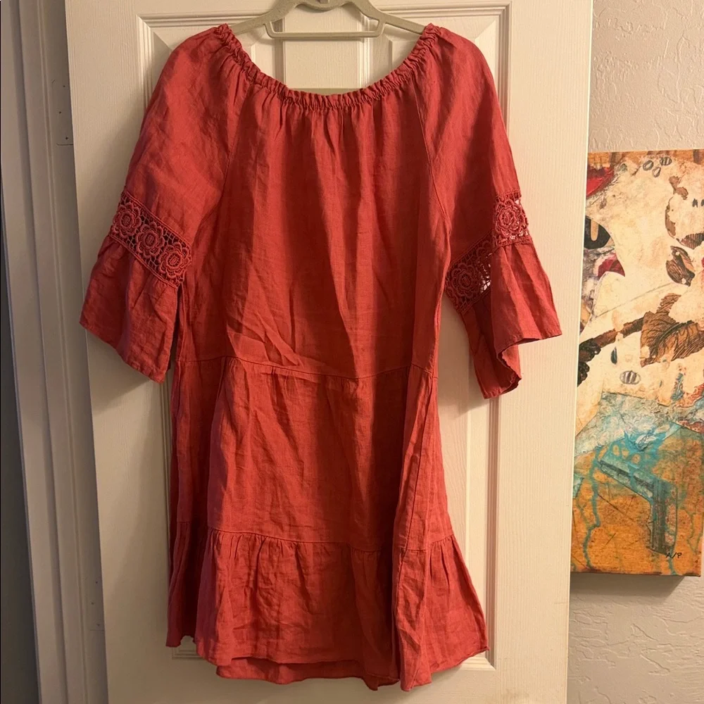 Women’s Coral Peasant Dress with Crochet Sleeves - Picture 4 of 5